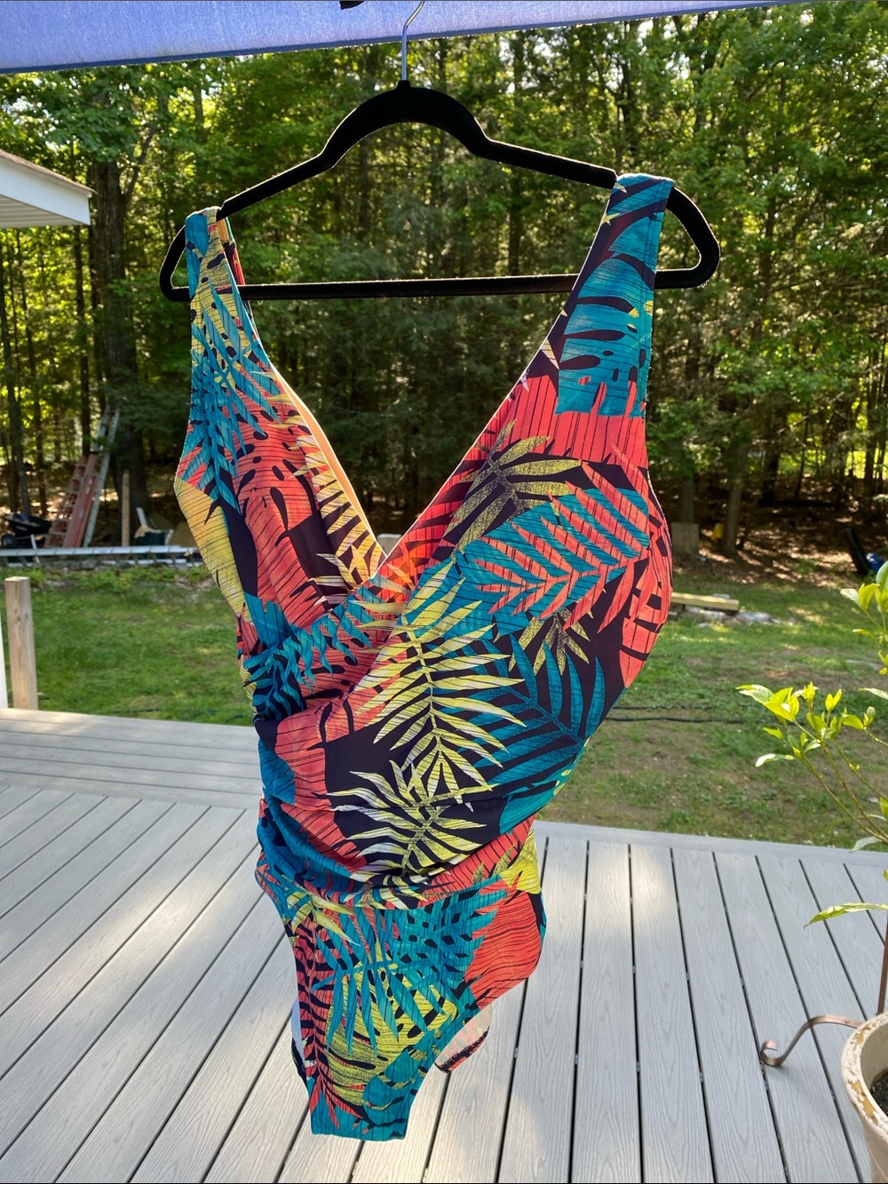 L.L. Bean Women’s Tropical Leaf One-Piece Swimsuit - Blue, Coral & Yellow  14